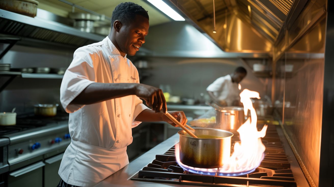 African chef preparing food in a professional kitchen