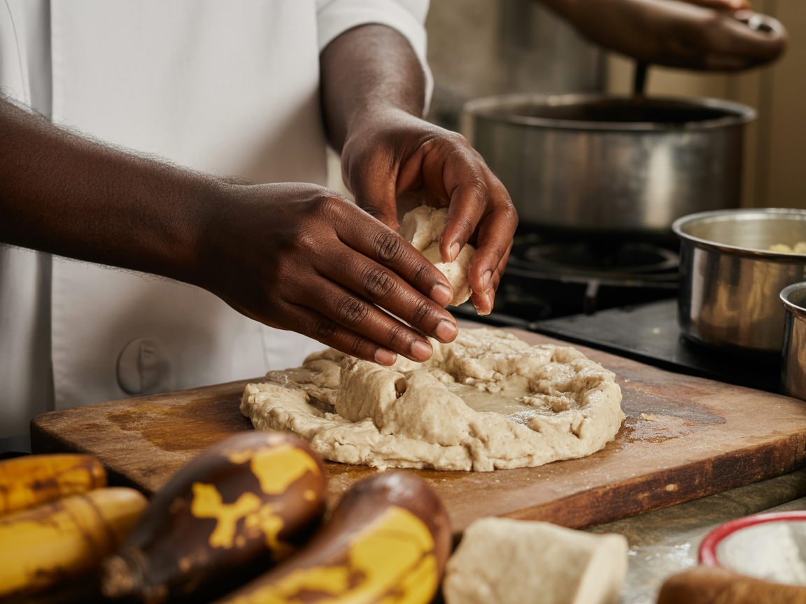 Hands preparing traditional Ghanaian food
