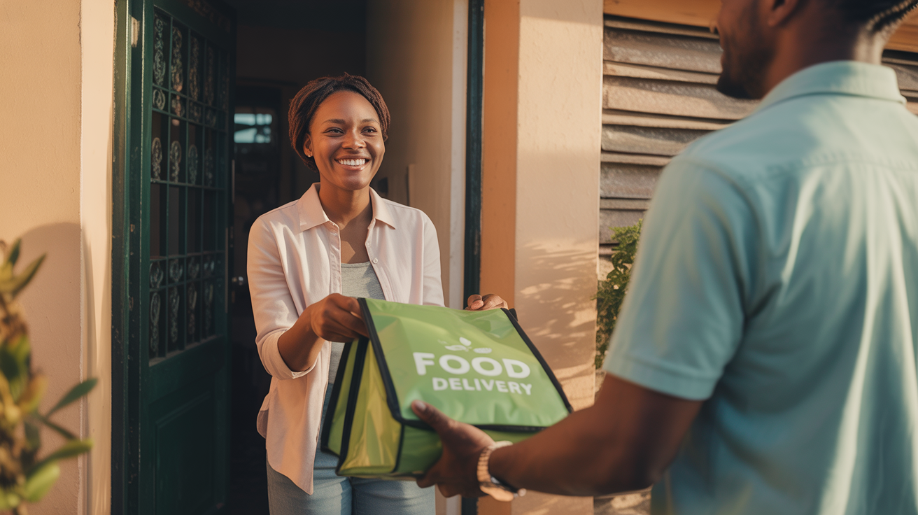 Happy customer receiving food delivery