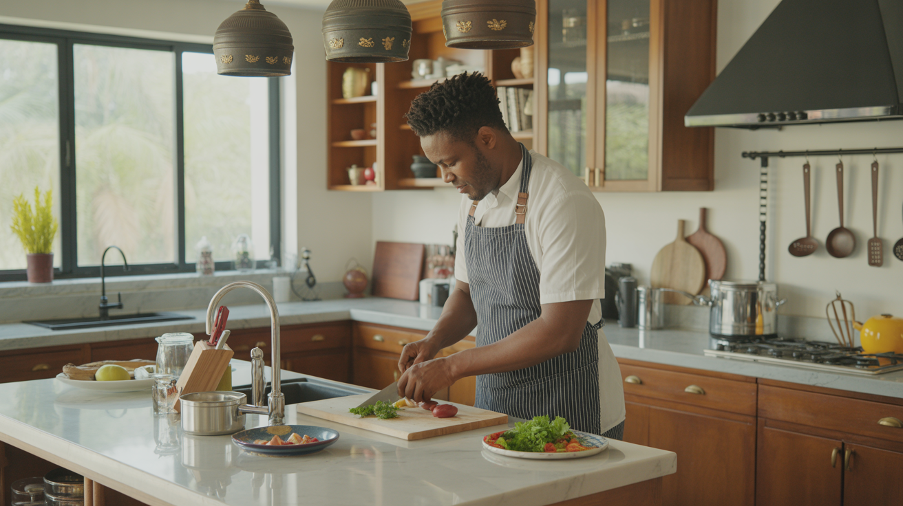 Personal chef cooking in a modern Ghanaian home kitchen